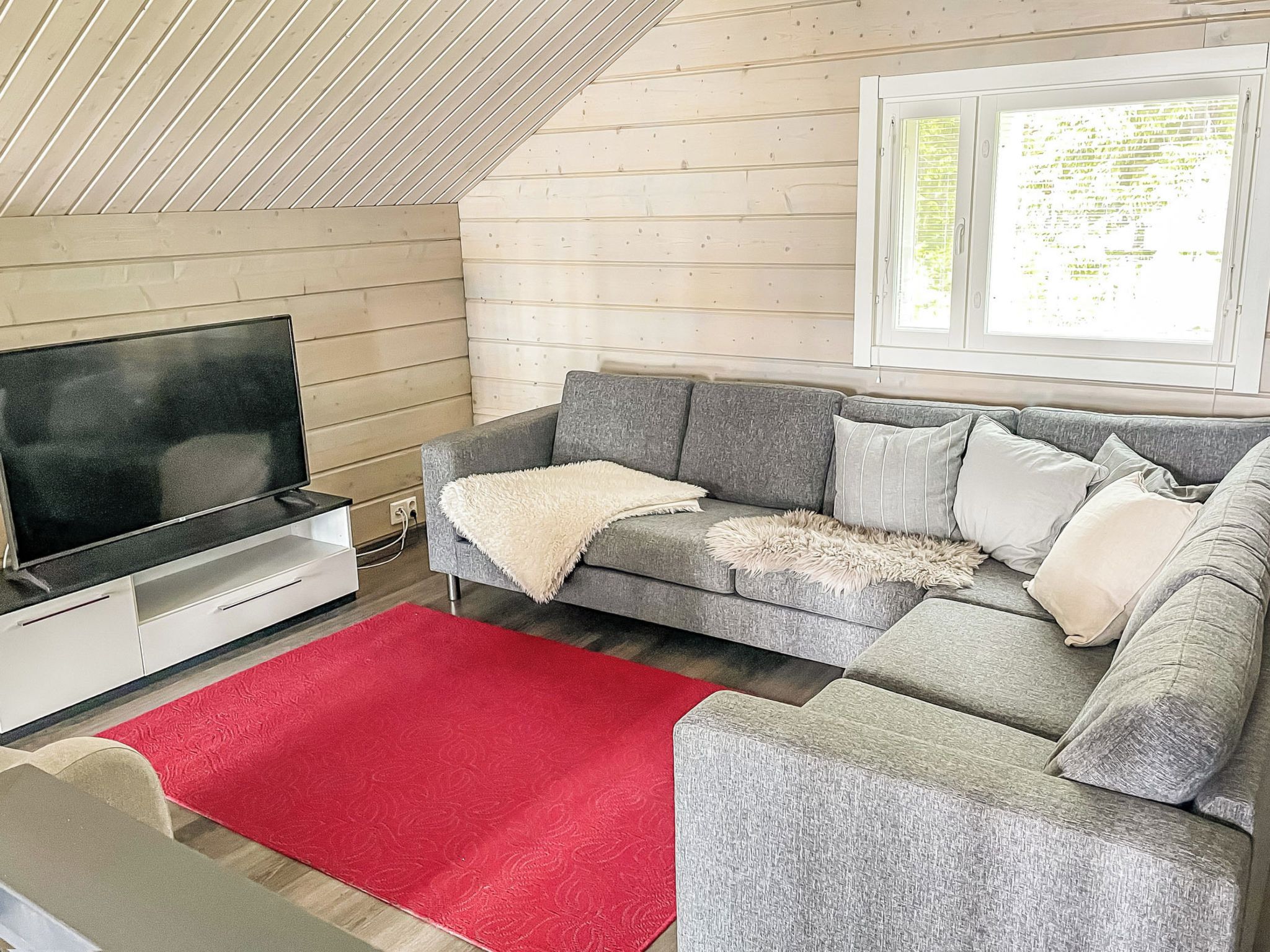 Ett modernt vardagsrum med en grå soffa, en röd matta och en platt-TV.