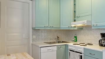 A compact kitchen with a dishwasher, stove, and sink.