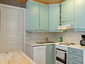 A compact kitchen with a dishwasher, stove, and sink.