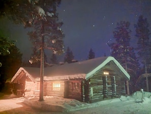 En hytte med skifert tag dækket af sne, omgivet af træer og et sneklædt landskab.