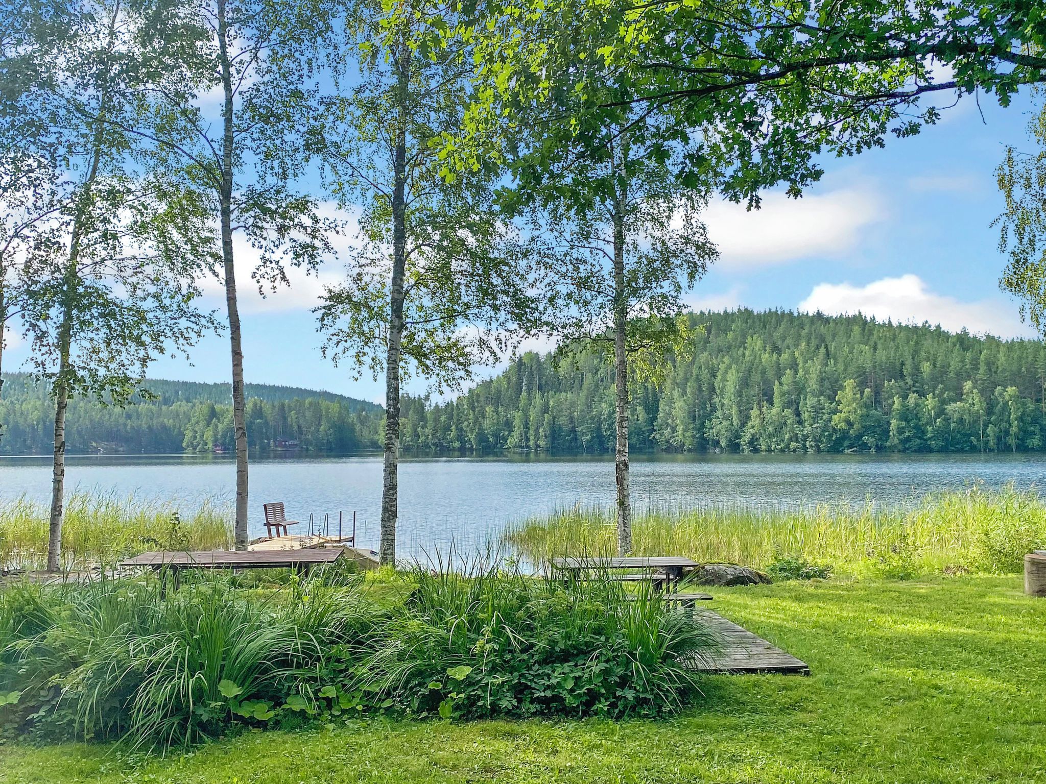 A lakeside view with a dock, benches, and a forested hill in the background.