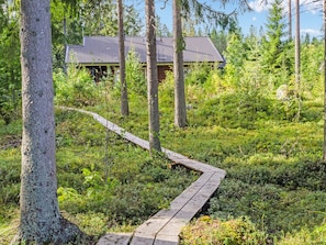 A wooden pathway leading to a building surrounded by trees and greenery. - Villa usva by Interhome (Lieksa)