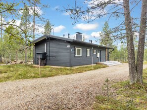 En moderne hytte med grusvej, omgivet af træer.