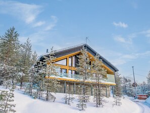 Una casa moderna de dos pisos con techo inclinado, rodeada de árboles cubiertos de nieve y un cielo despejado.