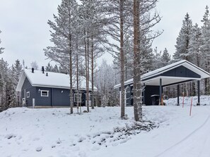 A snow-covered cabin with a covered outdoor area, surrounded by trees. - Mäkitie 4 by Interhome (Kuusamo)