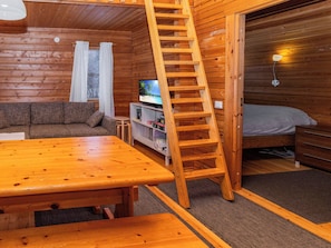 A wooden cabin interior with a sofa, a TV, a ladder, and a bed.