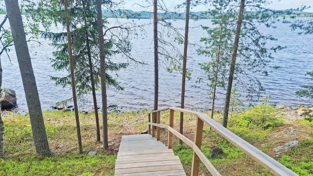 Una escalera de madera que baja hacia un lago, rodeado de árboles y zonas verdes.