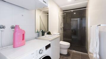 Shower, eco-friendly toiletries, hair dryer, towels