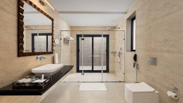 Shower, free toiletries, hair dryer, bathrobes
