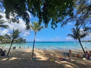 A beach with palm trees, clear blue water, and people sunbathing. - Villa Des Quatre Saisons (Pereybere)