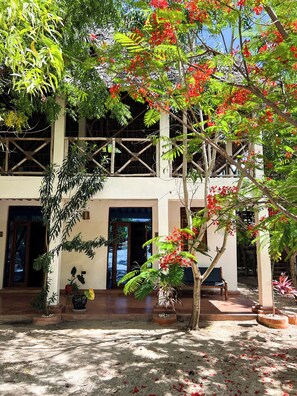 A building with a covered patio, potted plants, and a bench. - Karibu Maisha Lodge (Kizimkazi)