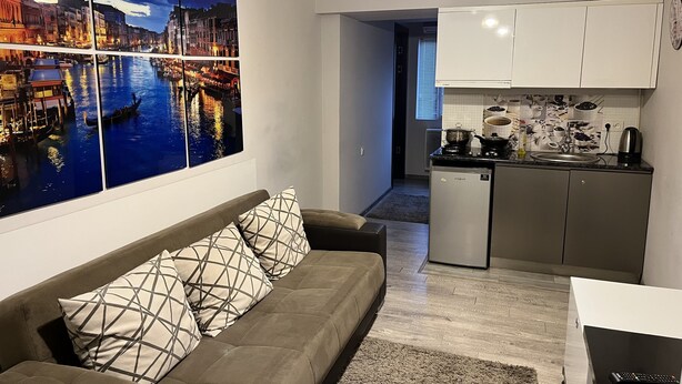 A modern living room with a sofa, a dining area with a small kitchen, and a large cityscape painting on the wall. - Shartava 1 (Kutaisi)