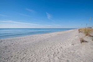 A beach with a clear sky and calm sea.
