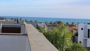 Een dakterras met uitzicht op de zee en omliggende gebouwen.