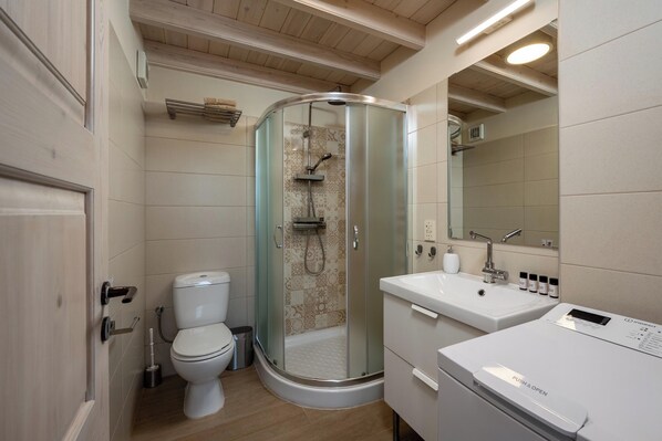 A modern bathroom with a glass-enclosed shower, a toilet, a sink with a digital faucet, and a mirror.