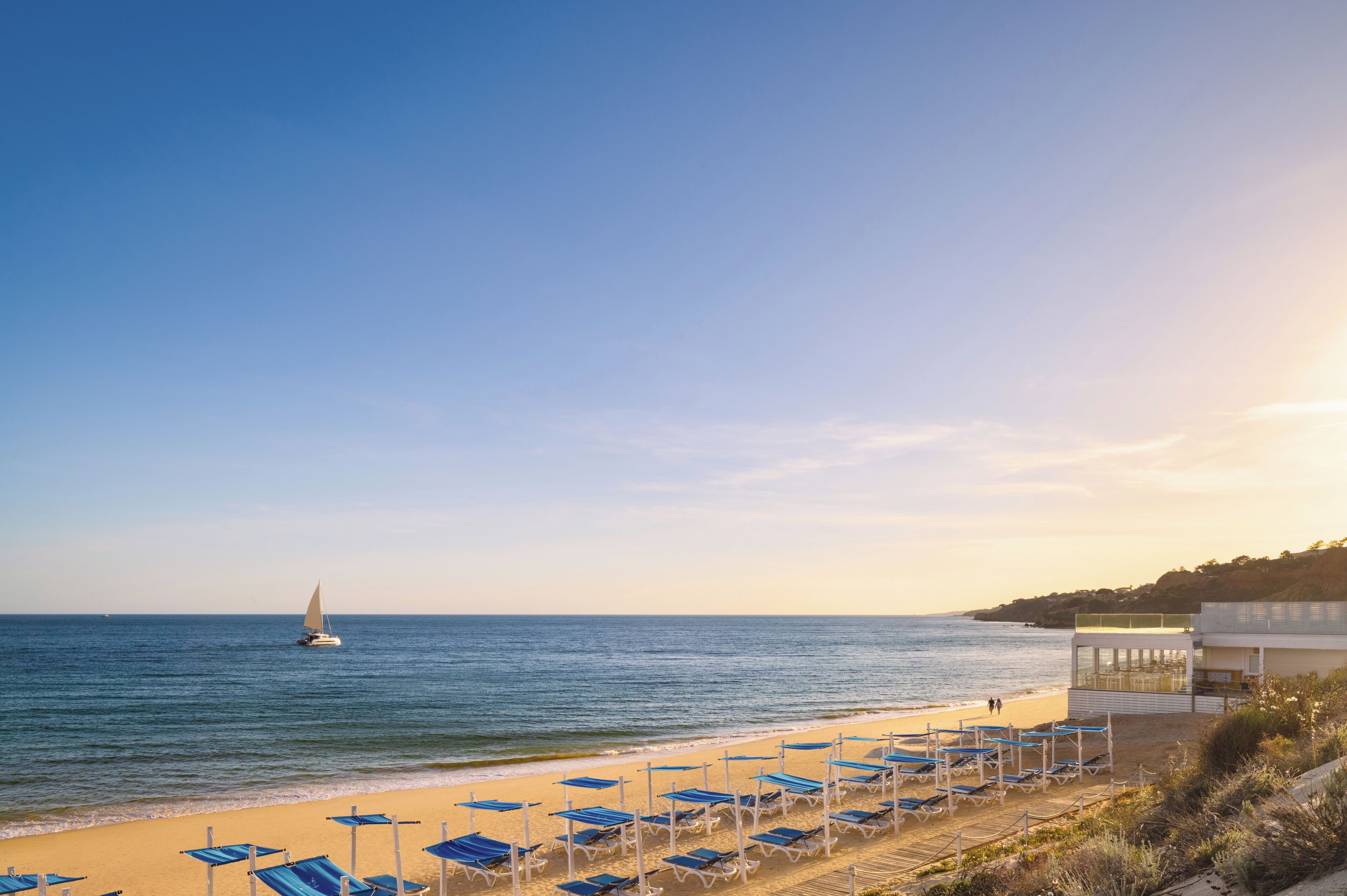A beach with rows of blue sun loungers and a sailboat in the water.
