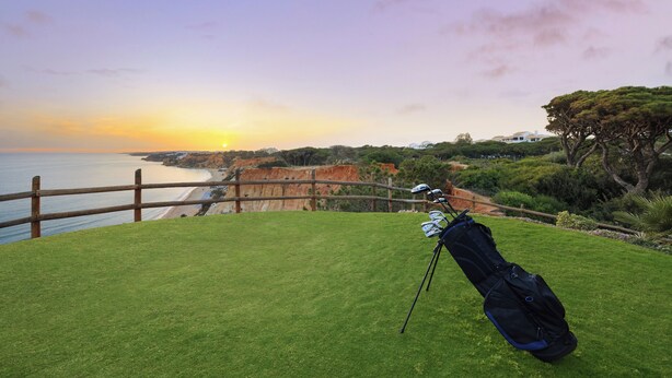 Un bolso de golf sobre una zona cubierta de césped, con vista al océano y una cerca de madera.