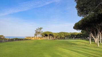 Camp de golf sota un cel blau, amb arbres i vistes al mar.