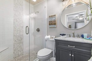 Shower, hair dryer, shampoo