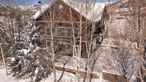 A wooden cabin surrounded by snow-covered trees. - Slate View, Riverbend, Garage, Fishing, Hot Tub! (Crested Butte)