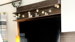 Ein modernes Wohnzimmer mit einem großen Flachbildfernseher auf einem Holzständer, einem Kamin mit Glastür und einem blauen Sessel.