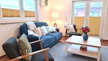 Smart TV, fireplace, books