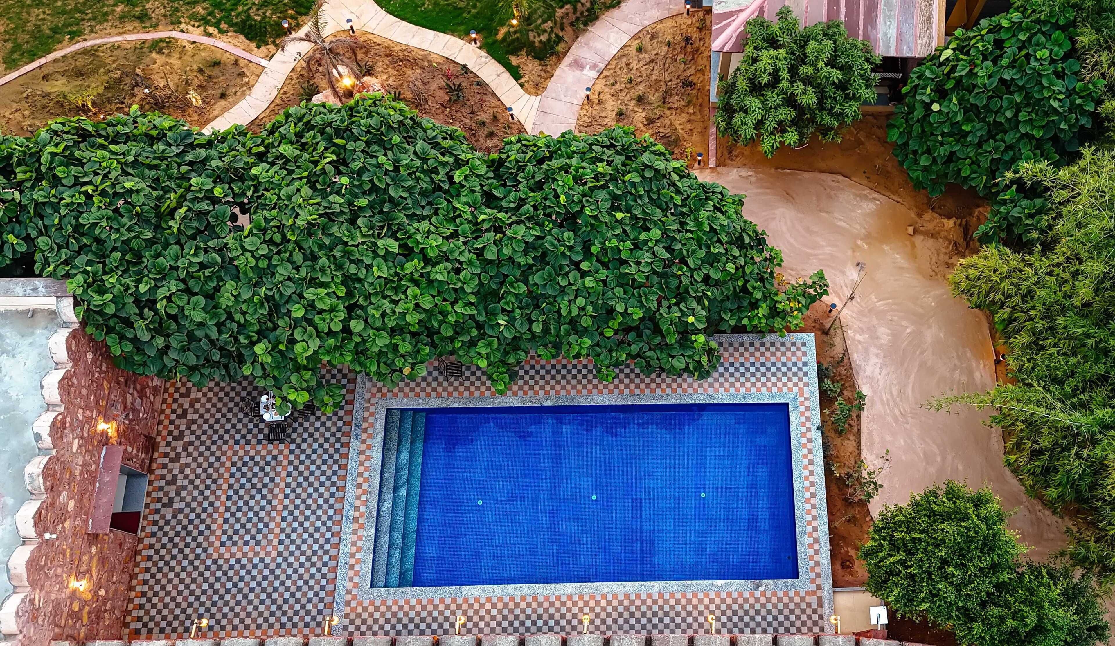 An aerial view of a swimming pool surrounded by a tiled deck with a checkered pattern, lush green foliage, and a paved walkway.