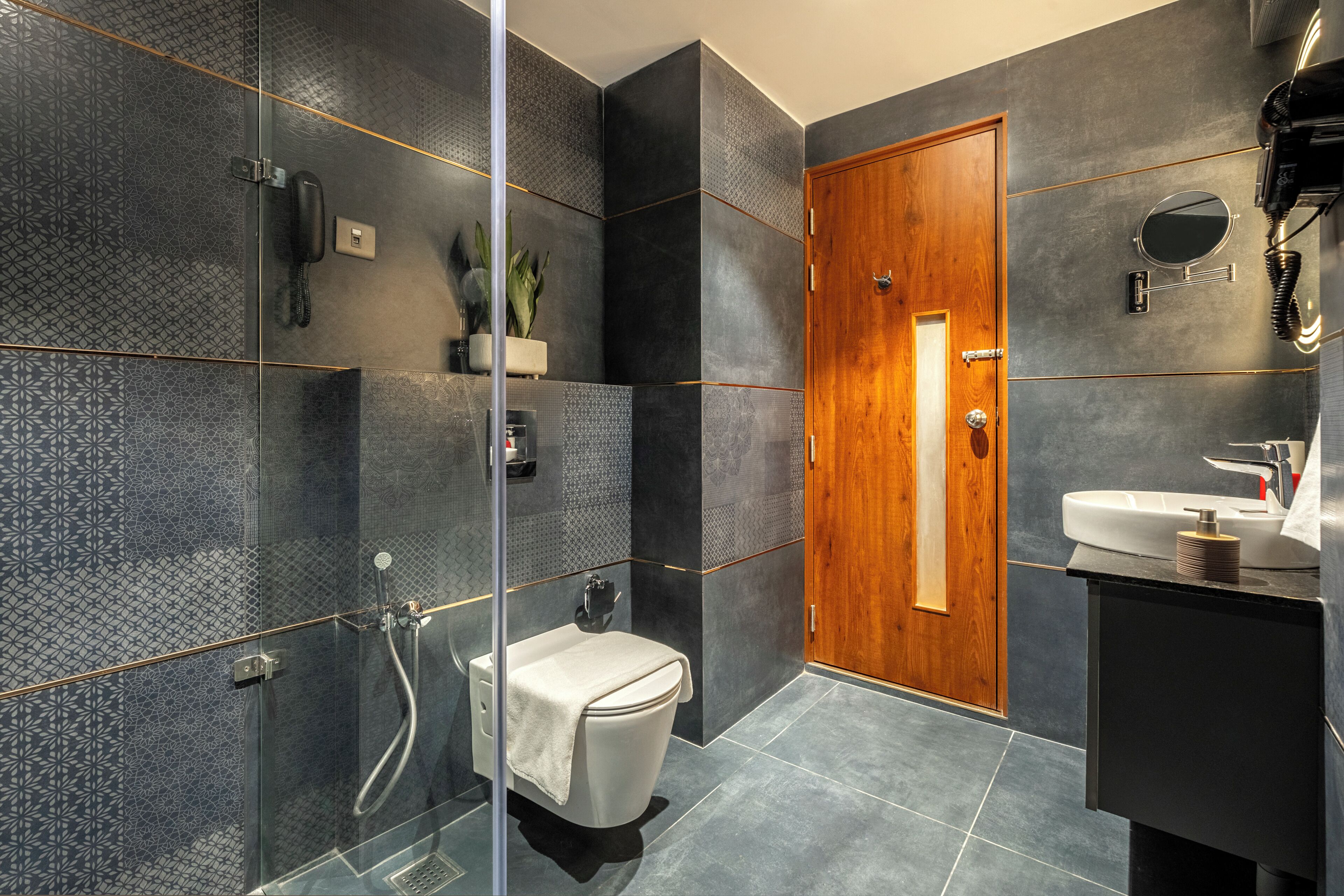 A modern bathroom with a glass-enclosed shower, a wooden door, and a black sink.