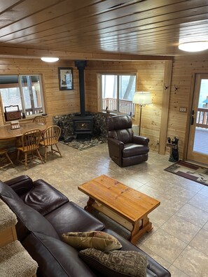 Fireplace, DVD player, books