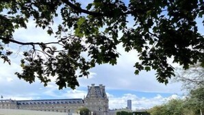 A park with a bench, a lawn, and a historic building in the background. - Appartement D'exception Type Chalet Avec vue sur les Toits Saint Honoré / Louvre (Paris)