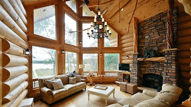 L’intérieur d’une cabane en rondins, avec une cheminée, des meubles en bois et de grandes fenêtres.