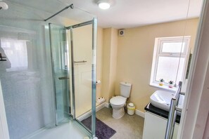 A bathroom with a glass shower enclosure, a toilet, and a sink with a mirror above it. - Charming 2-bed Apartment in Stroud (Stroud)