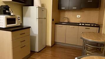 Een koelkast, een magnetron, een kookplaat, een waterkoker