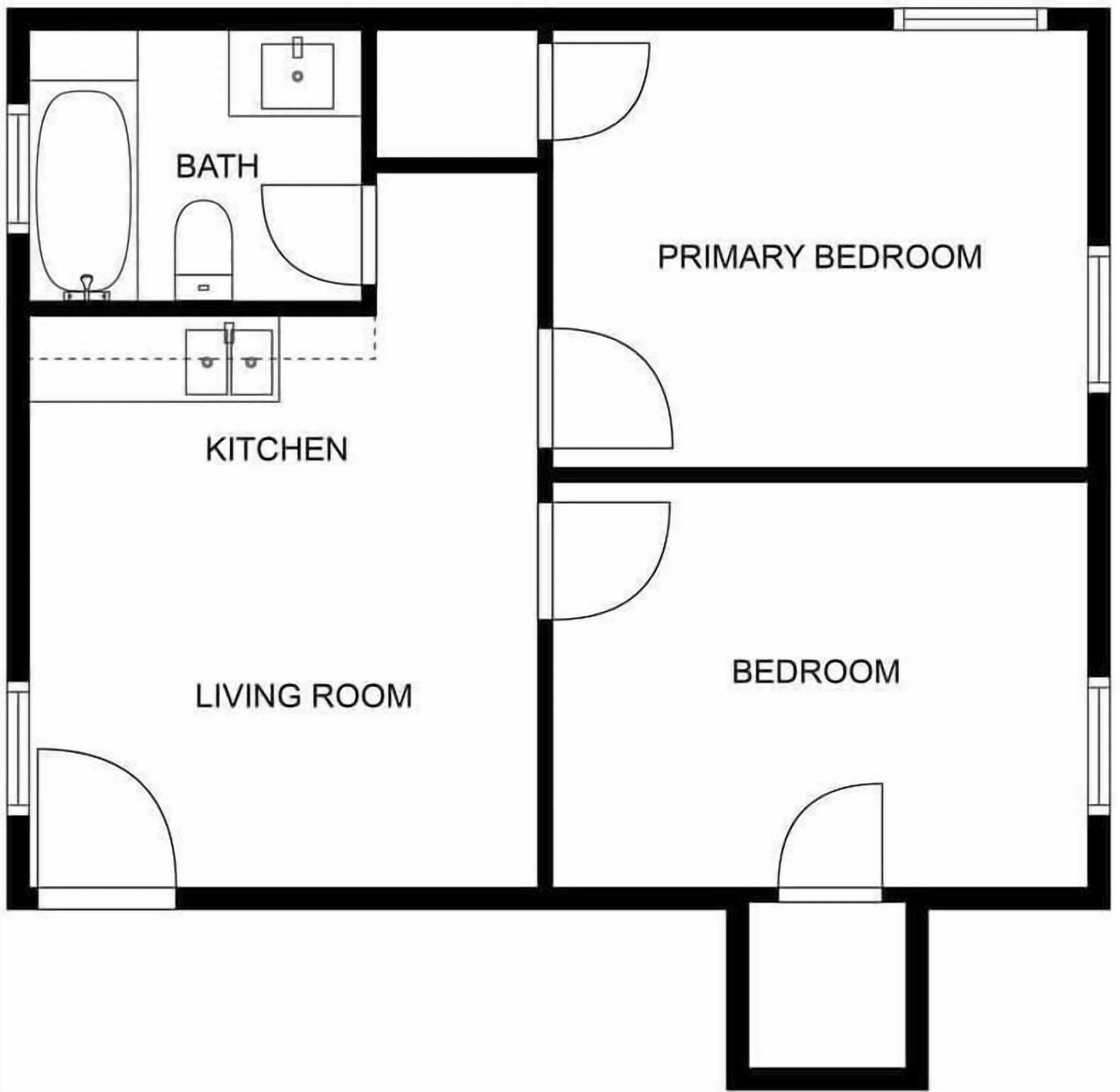 Een plattegrond met een keuken, woonkamer, hoofdslaapkamer, logeerkamer en badkamer.
