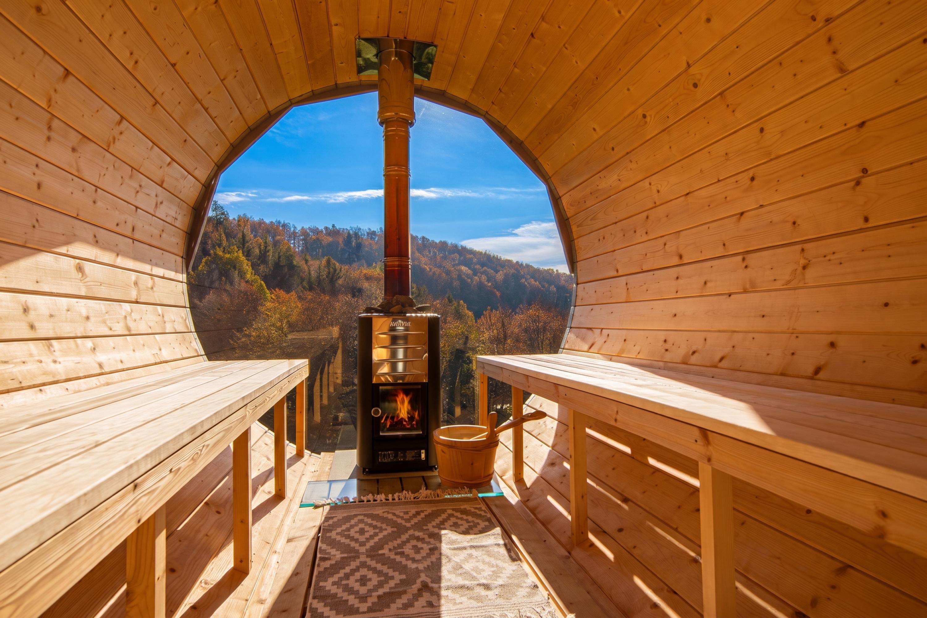 Une cabane en bois dotée d’une cheminée centrale et de bancs de chaque côté.