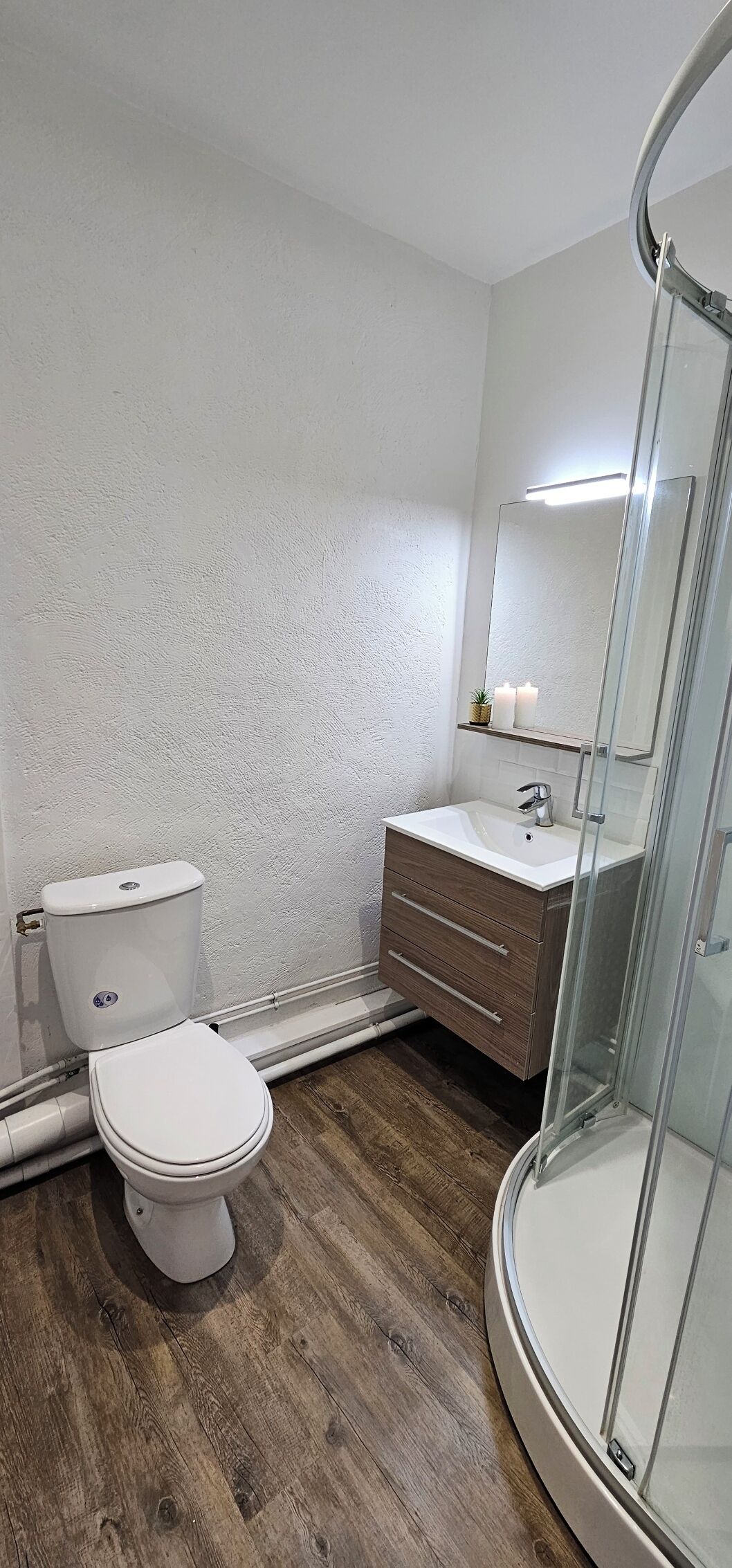 Een badkamer met toilet, wastafel en een douchecabine met glazen wanden.