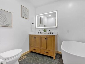 Hair dryer, towels, soap, shampoo