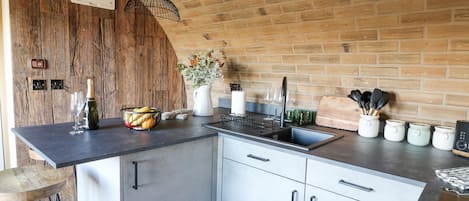 Fridge, electric kettle, toaster, cookware/dishes/utensils