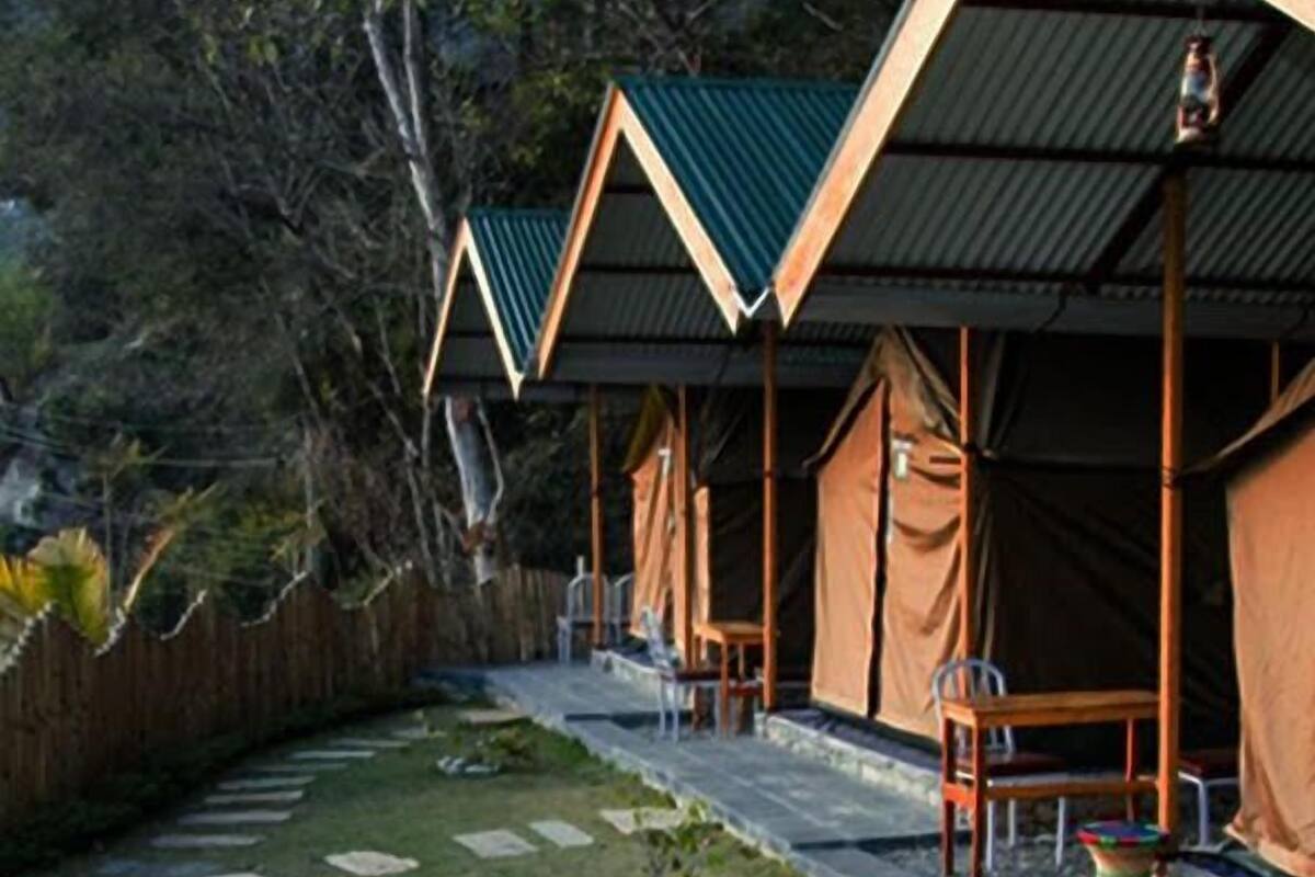 A row of tents with a stone pathway leading to them, surrounded by trees.