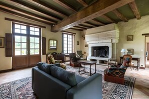 Televisión, chimenea y libros 