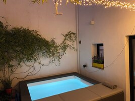 Una piscina pequeña y rectangular con interior azul claro, rodeada por un deck de concreto. Hay plantas en macetas y un pequeño estante con una planta en la pared a la derecha.
