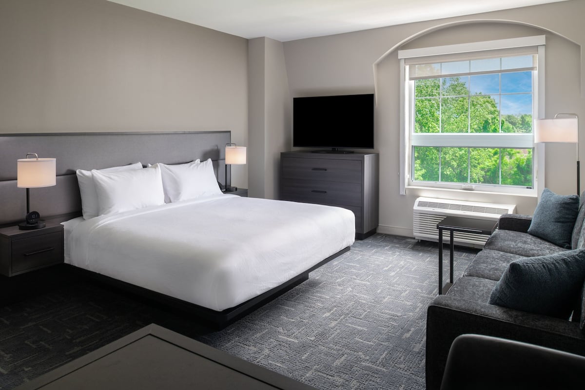 Une chambre d’hôtel moderne dotée d’un grand lit, d’un téléviseur à écran plat, d’un canapé et d’une fenêtre donnant sur un paysage verdoyant.
