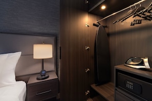 In-room safe, desk, laptop workspace, blackout curtains