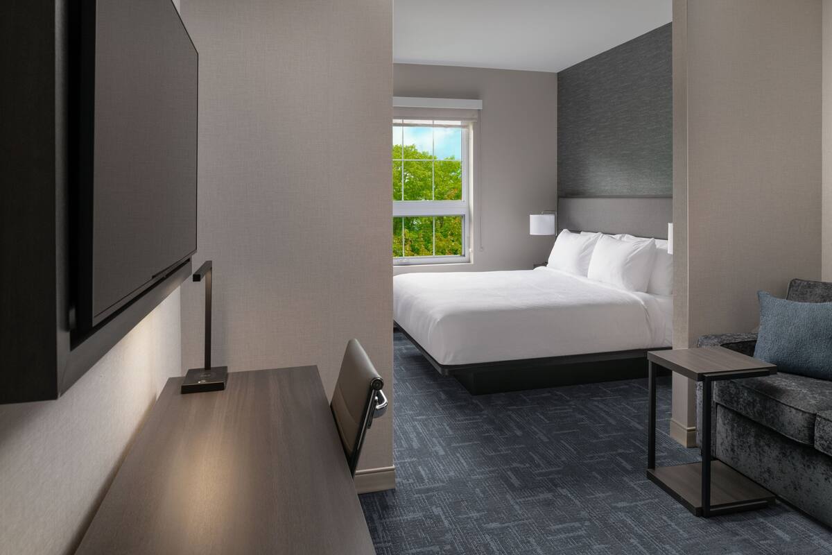 A modern hotel room with a bed, a sofa, a desk, and a large window offering a view of greenery.
