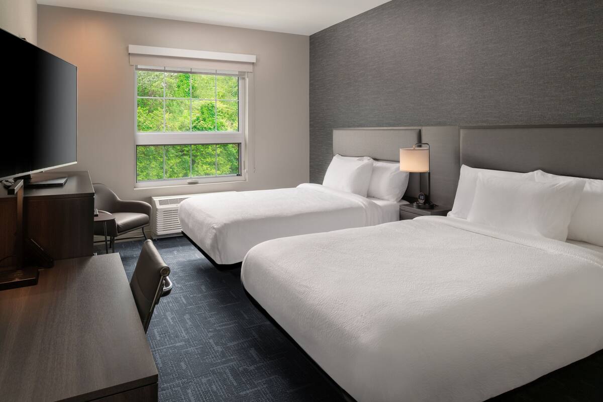 A hotel room with two beds, a desk, a TV, and a window with a view of greenery.