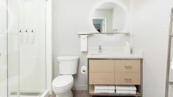 Un baño moderno con cabina de ducha de vidrio, inodoro, lavabo con espejo sobre él, y tocador de madera con cajones.