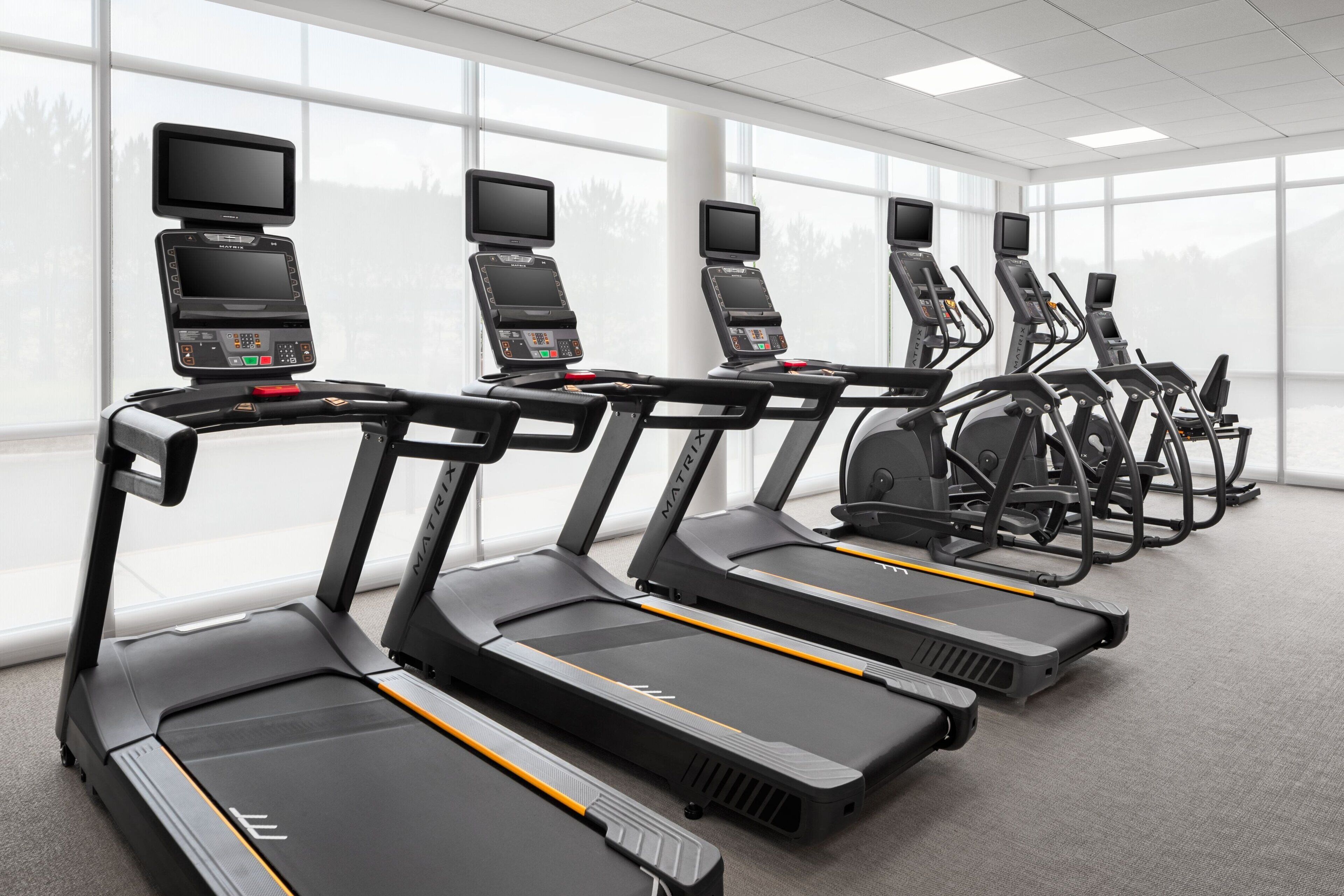 Varias cintas de correr en un gimnasio con ventanas amplias y vista a árboles.