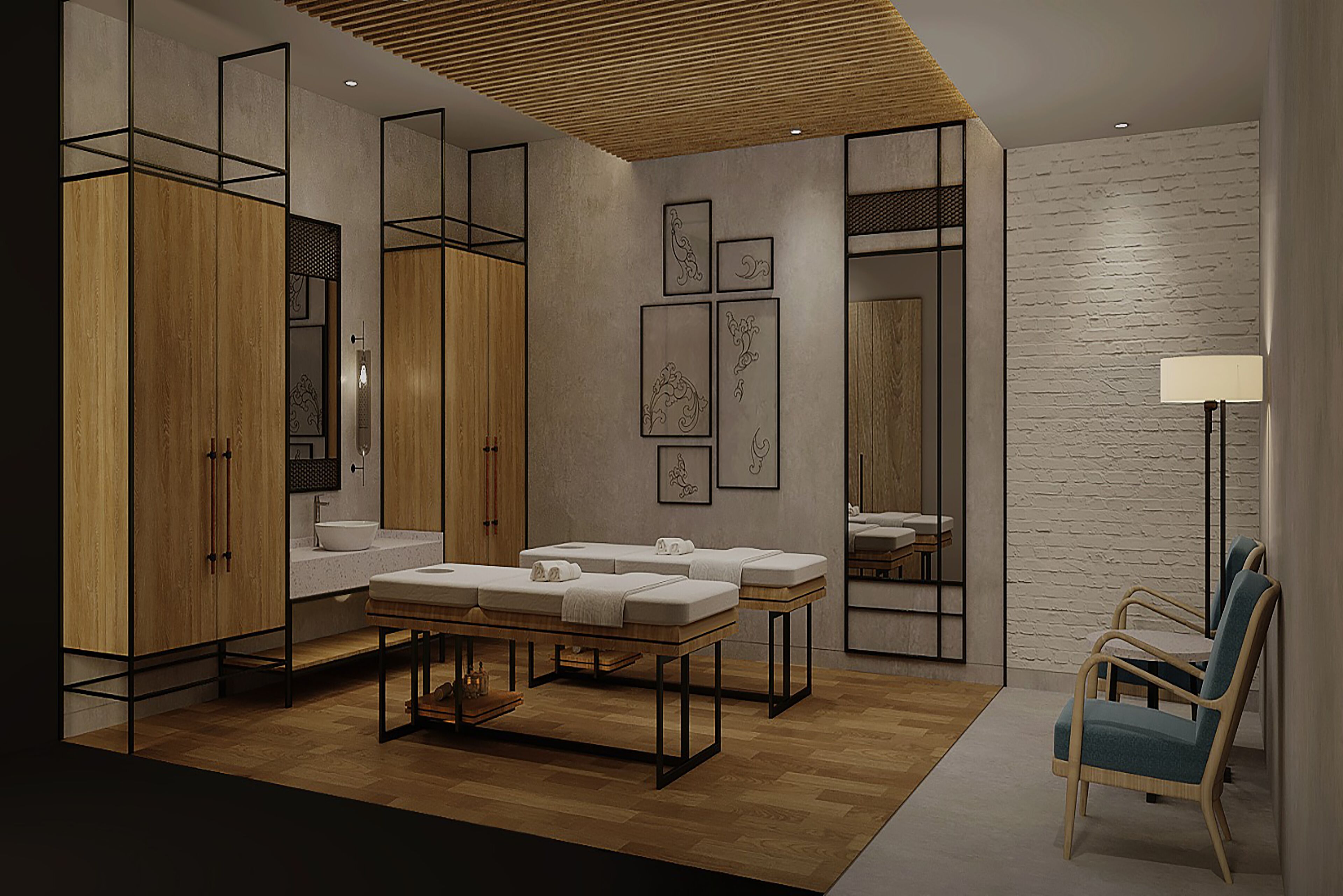 A modern bathroom with wooden cabinets, a large mirror, a sink, and a massage table.