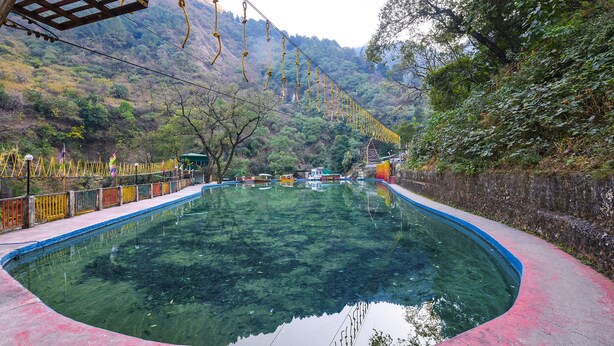 A clear pool surrounded by a wooden deck with a rope bridge overhead. - Fabhotel Kempty Lake Resort (Dhanaulti)