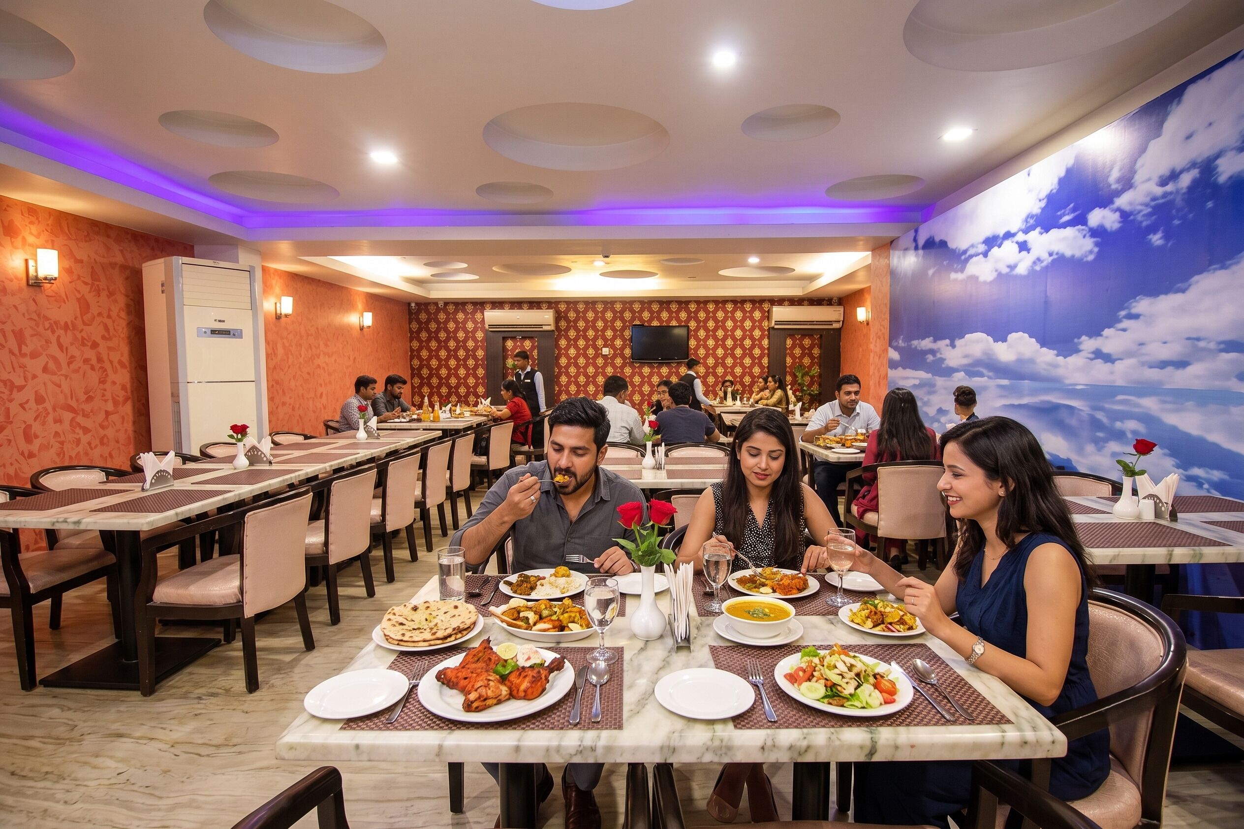 Ein Restaurant mit mehreren Tischen, an denen Gäste sitzen und verschiedene Gerichte angeboten werden.